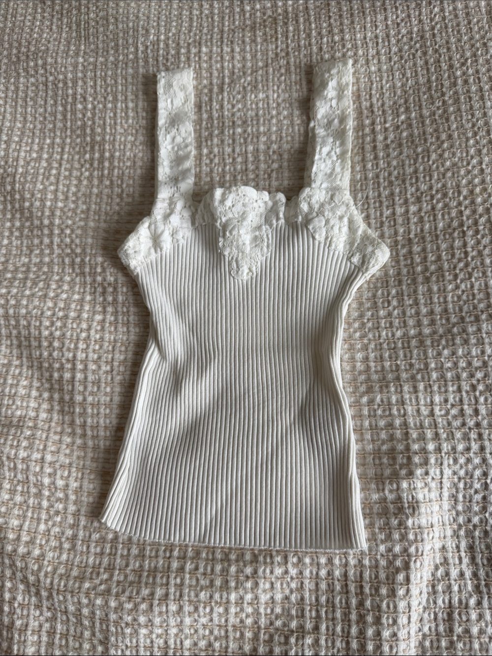 Zara Cream Ribbed Lace-Trim Camisole